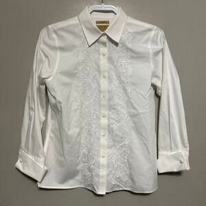 Investments Womens Button Down Shirt 8P White Embroidered Gold Label Non-Iron
